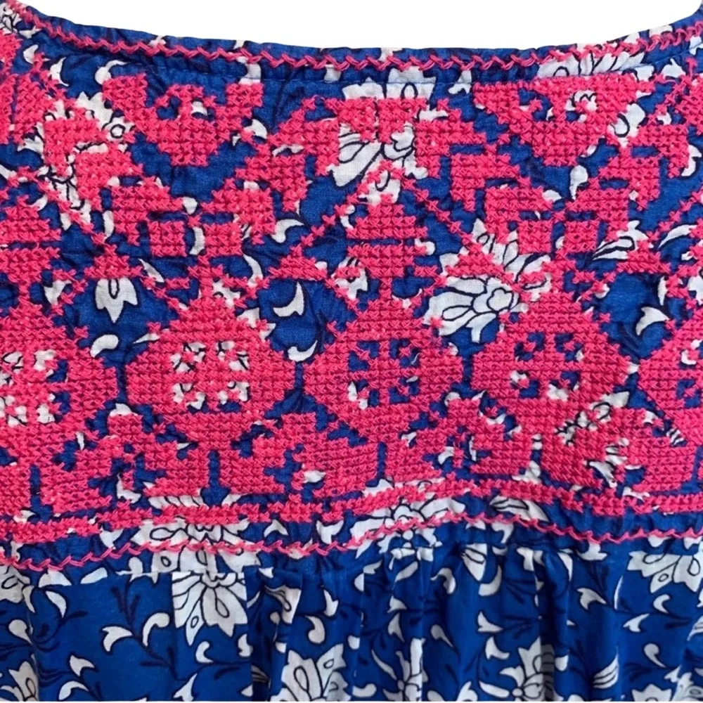 J. Crew Blue/White Cotton Voile Peasant Top with Pink Cross Stitch Embroidery